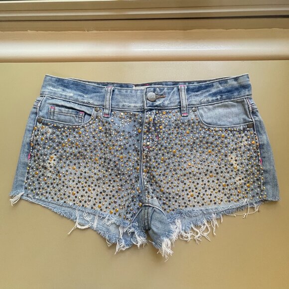Victoria's Secret Pink Shorts 2 Blue Denim Jean Crystals Studs Distressed - Picture 1 of 9